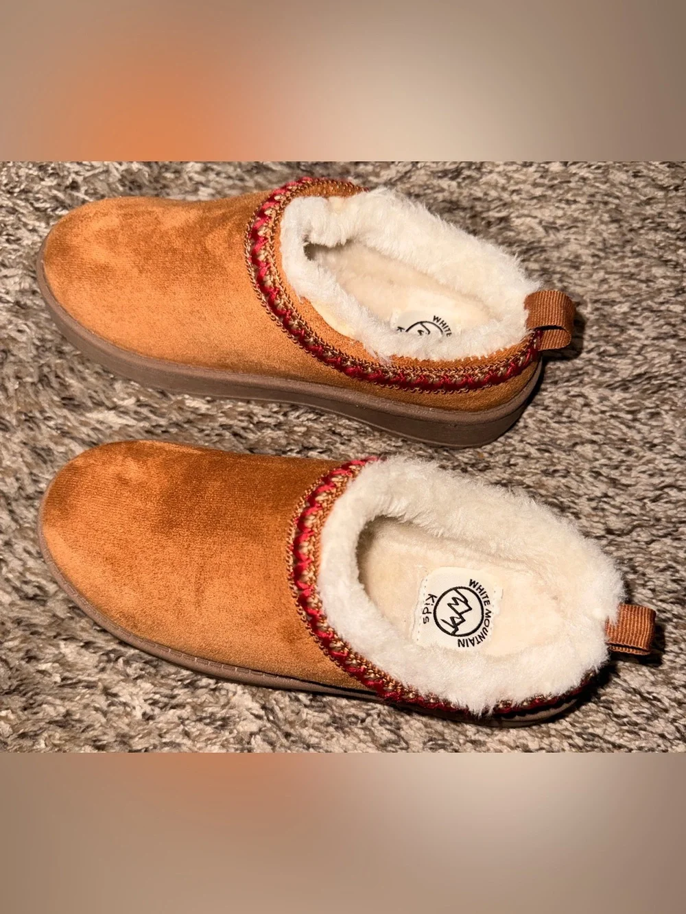 White Mountain Chestnut Faux-Suede Shearling Lined Slip-Ons with Red Trim